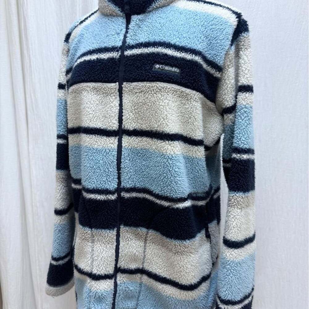 Columbia Full Zip Sherpa Fleece Jacket XXL Blue Cream Navy Stripes